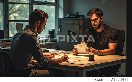 In the boss's office. A business stop at the boss's office, a subordinate fills out a payroll form. 129923471