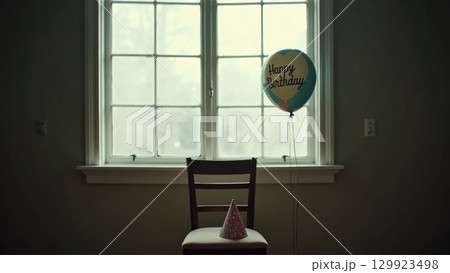 Lonely Birthday Balloon by Window at Sunset with Confetti and Party Hat Lonely Birthday Balloon by Window at Sunset with Confetti and Party Hat 129923498