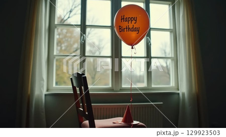 Lonely Birthday Balloon by Window at Sunset with Confetti and Party Hat 129923503