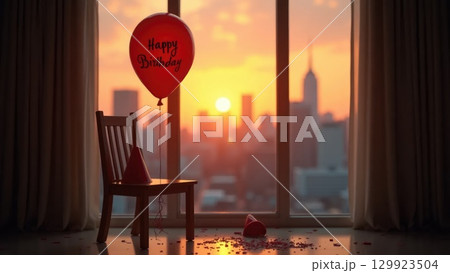 Lonely Birthday Balloon by Window at Sunset with Confetti and Party Hat 129923504