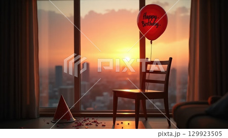 Lonely Birthday Balloon by Window at Sunset with Confetti and Party Hat 129923505