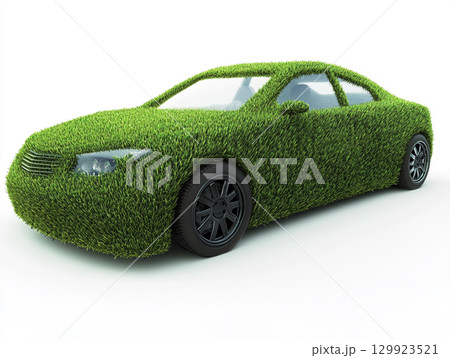 A modern car is entirely covered in lush green grass, creating an eco-friendly and conceptual design. The unique texture stands out against the clean white background. 129923521