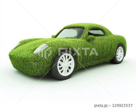 A modern car is entirely covered in lush green grass, creating an eco-friendly and conceptual design. The unique texture stands out against the clean white background. 129923537