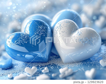 A colorful background filled with many hearts in various shades of blue and white, with a glossy, polished texture. 129923620