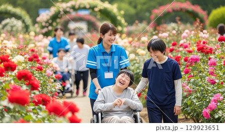 公園のバラ園で笑顔で過ごす車いすの障がい者と支援員の女性写真 公園のバラ園で笑顔で過ごす車いすの障がい者と支援員の女性写真 129923651