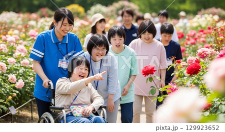 公園のバラ園で笑顔で過ごす車いすの障がい者と支援員の女性写真 公園のバラ園で笑顔で過ごす車いすの障がい者と支援員の女性写真 129923652