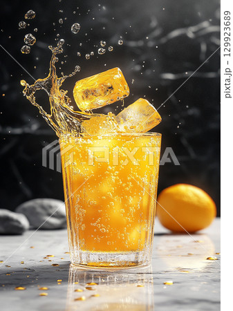 A high-speed shot captures vibrant orange juice and ice cubes splashing dynamically in a clear glass against a dark background, creating a refreshing burst. A high-speed shot captures vibrant orange juice and ice cubes splashing dynamically in a clear glass against a dark background, creating a refreshing burst. 129923689