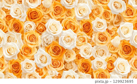 《AI画像》ぎっしりと敷き詰めたオレンジ色と白色の薔薇の花 129923695