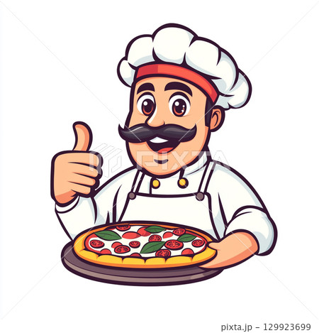 A cheerful cartoon chef with a mustache and hat holds a pizza while giving a thumbs-up. The image is set against an orange circle. 129923699