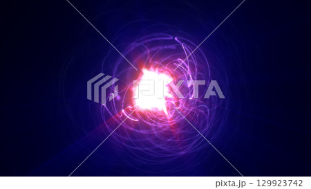 Radiant purple energy sphere with swirling light trails and glowing center, symbolizing cosmic creation, digital power, and futuristic brilliance 129923742