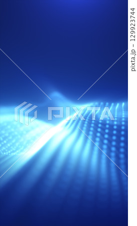 Futuristic blue glowing digital wave pattern with soft dotted curves in a dark abstract background 129923744