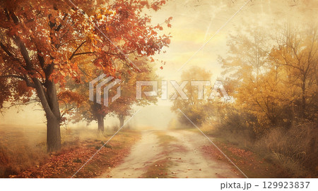 秋の田舎道と紅葉風景 129923837