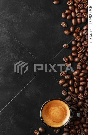 A cup of coffee sits on a dark, textured background, surrounded by scattered roasted coffee beans. The image is shot from a top-down perspective. A cup of coffee sits on a dark, textured background, surrounded by scattered roasted coffee beans. The image is shot from a top-down perspective. 129923936