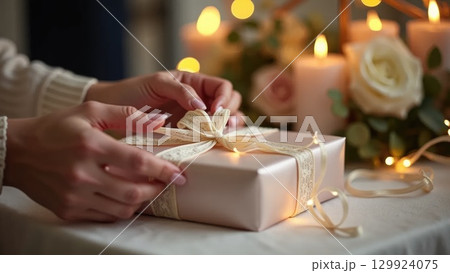 Bride or Groom Hands Unwrapping a White and Gold Wedding Gift Bride or Groom Hands Unwrapping a White and Gold Wedding Gift 129924075