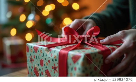 Close-Up of Hands Unwrapping a Gift Box with Ribbon on Christmas Background 129924076