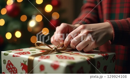 Close-Up of Hands Unwrapping a Gift Box with Ribbon on Christmas Background 129924108