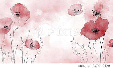 A soft watercolor painting depicts delicate pink flowers with thin stems against a light, hazy background. The artwork has a gentle, dreamy feel. 129924126