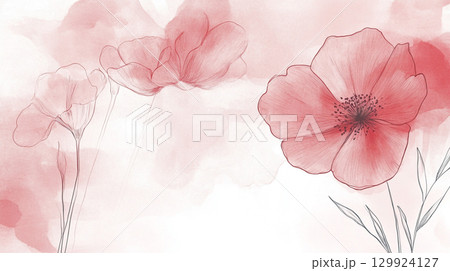 A soft watercolor painting depicts delicate pink flowers with thin stems against a light, hazy background. The artwork has a gentle, dreamy feel. 129924127