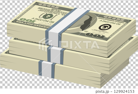 Three stacks of $100 dollar bills bundled together with white bands, indicating wealth and finance. 129924153