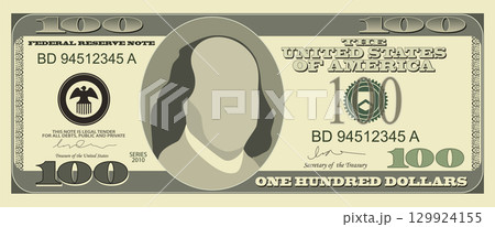 Illustration of a one hundred dollar bill with a blank face, symbolizing finance concept. 129924155
