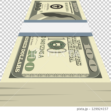 Stack of money: a large quantity of one hundred dollar bills wrapped with a light band. Stack of money: a large quantity of one hundred dollar bills wrapped with a light band. 129924157