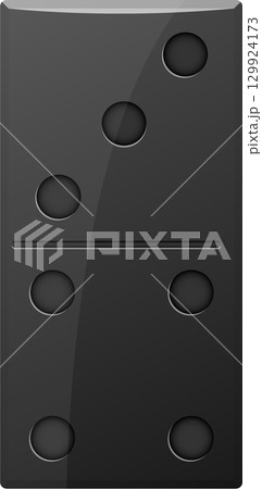 Shiny dark domino with five pips on top and two pips on bottom against a dark background. 129924173