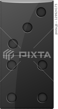 Shiny dark domino with five pips on top and two pips on bottom against a dark background. 129924173