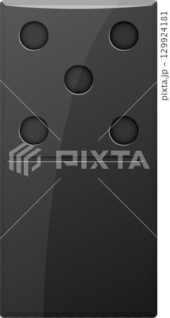 Glossy black domino with five pips displayed in a classic pattern, ready for game play. 129924181