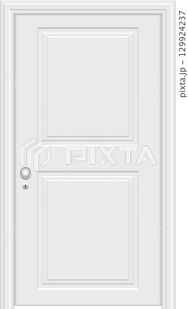A white paneled door with a silver knob and keyhole, set in a plain white frame. 129924237