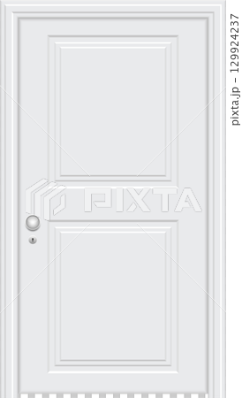 A white paneled door with a silver knob and keyhole, set in a plain white frame. 129924237