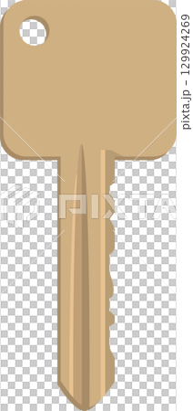 A single, stylized key, rendered in beige tones, features a simple design and cutout detail. 129924269