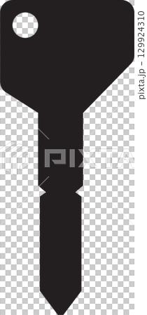 A black silhouette of a key with a hole at the top, long stem, and a pointed end in simple style. 129924310