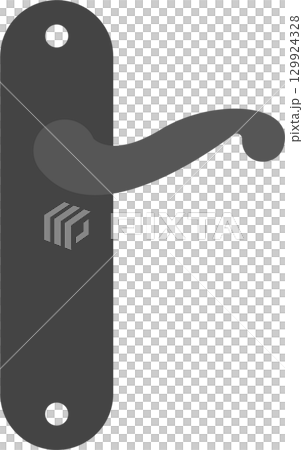 A simple gray door handle is depicted with sleek curves and minimal details against black. 129924328