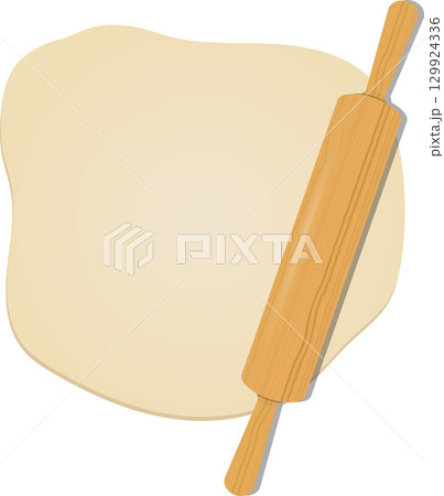 A cartoon image depicts dough rolled out with a wooden rolling pin, ready for baking a pie. 129924336