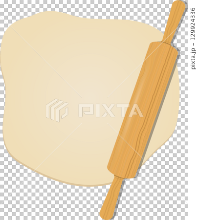 A cartoon image depicts dough rolled out with a wooden rolling pin, ready for baking a pie. 129924336