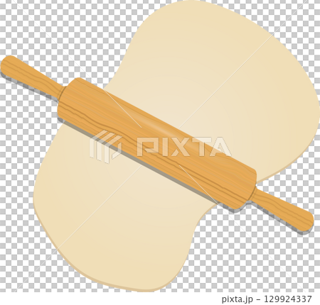 Wooden rolling pin stretching a circle of pale dough on a black surface, baking preparation Wooden rolling pin stretching a circle of pale dough on a black surface, baking preparation 129924337