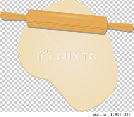 Rolling pin rests atop a piece of dough, ready to be flattened for baking preparation. 129924338