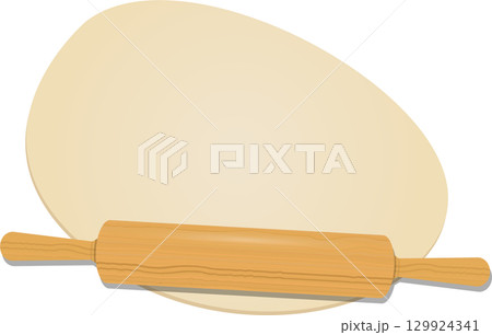 Dough and rolling pin ready for baking or cooking, symbolizing homemade food preparation. 129924341