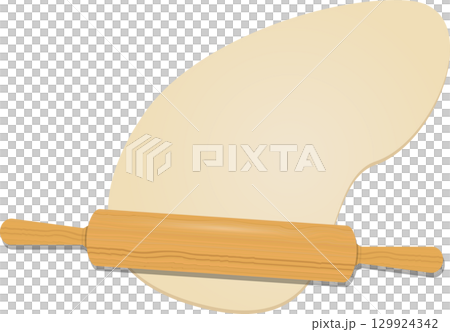 A rolling pin flattening dough, illustrating baking or cooking preparation in progress. 129924342