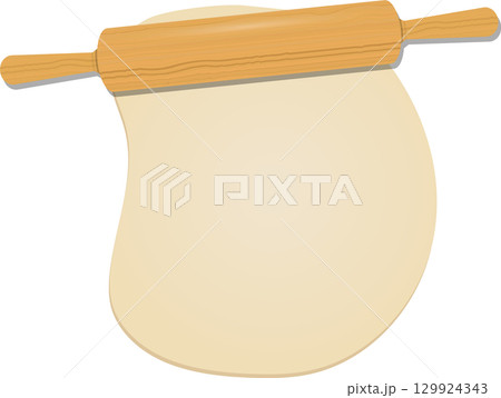 Dough being flattened by wooden rolling pin. The beige colored dough is being shaped on a black background. 129924343