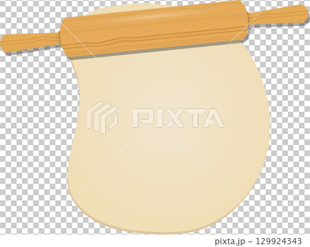 Dough being flattened by wooden rolling pin. The beige colored dough is being shaped on a black background. 129924343
