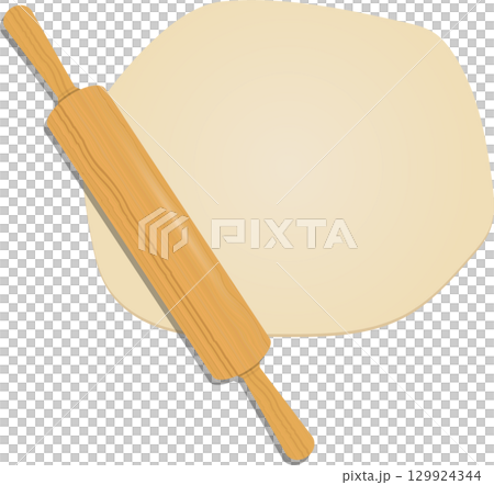 Wooden rolling pin resting on a flat circular shape of raw dough against a dark background. 129924344