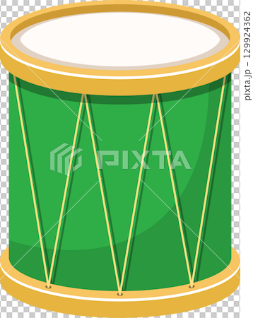 Green drum with white top and bottom, gold trim and tension ropes, musical rhythm, percussion 129924362
