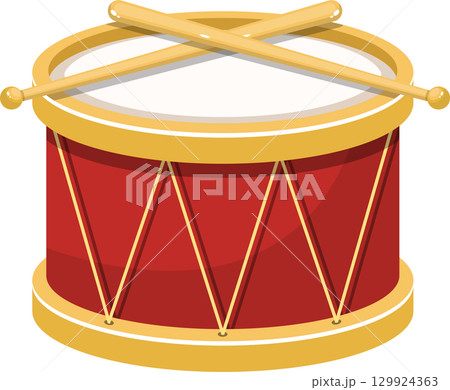 Classic red drum with golden accents and crossed drumsticks, an illustration for musical themes. 129924363