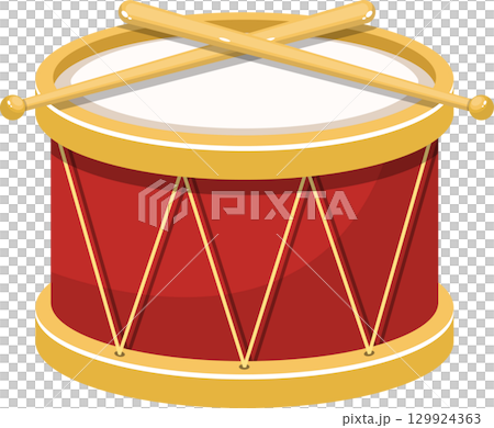 Classic red drum with golden accents and crossed drumsticks, an illustration for musical themes. 129924363