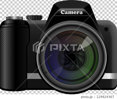 Illustration of a black digital camera with a large lens against a plain black backdrop. Illustration of a black digital camera with a large lens against a plain black backdrop. 129924367