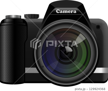 Illustration of a sleek black camera with a prominent lens, reflecting light and color variations. 129924368
