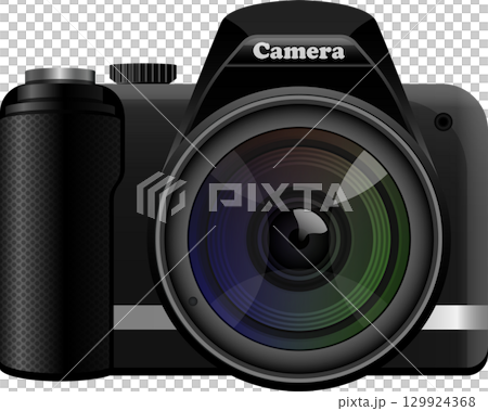Illustration of a sleek black camera with a prominent lens, reflecting light and color variations. Illustration of a sleek black camera with a prominent lens, reflecting light and color variations. 129924368