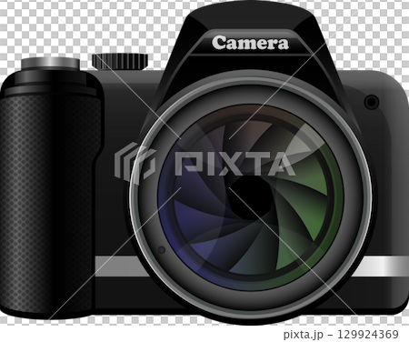 A black digital camera with a prominent lens featuring a multi-sectioned iris and a textured grip. A black digital camera with a prominent lens featuring a multi-sectioned iris and a textured grip. 129924369