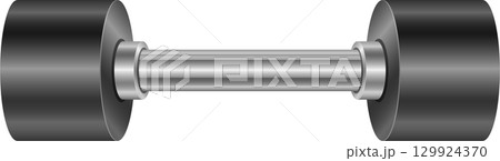 A metal dumbbell with black weights is centered. The background is plain. Fitness accessory. A metal dumbbell with black weights is centered. The background is plain. Fitness accessory. 129924370